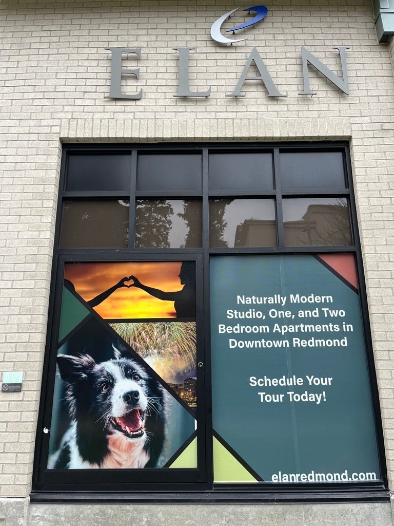 Window Graphica That Grabs Attention “For Lease” Availability - Elan Redmond, Redmond WA