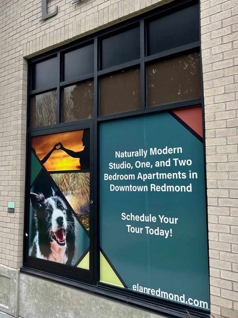 Window Graphica That Grabs Attention “For Lease” Availability - Elan Redmond, Redmond WA