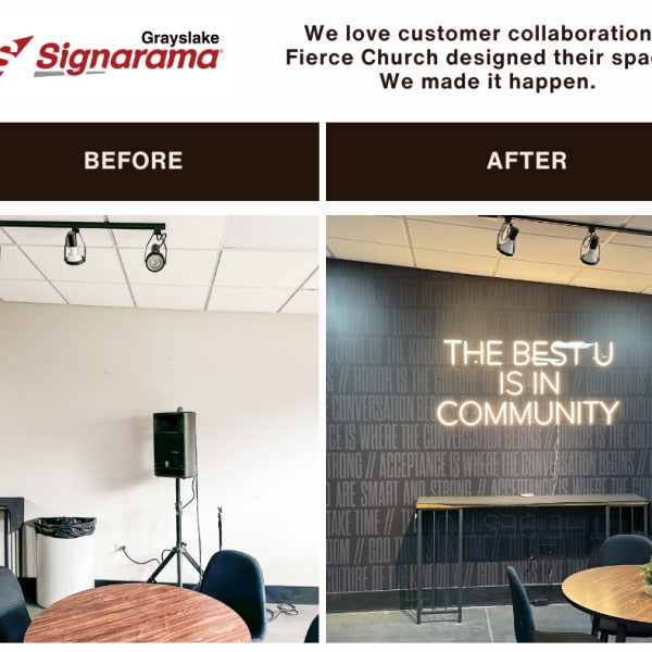 Wall graphics and LED sign for an inviting community space.