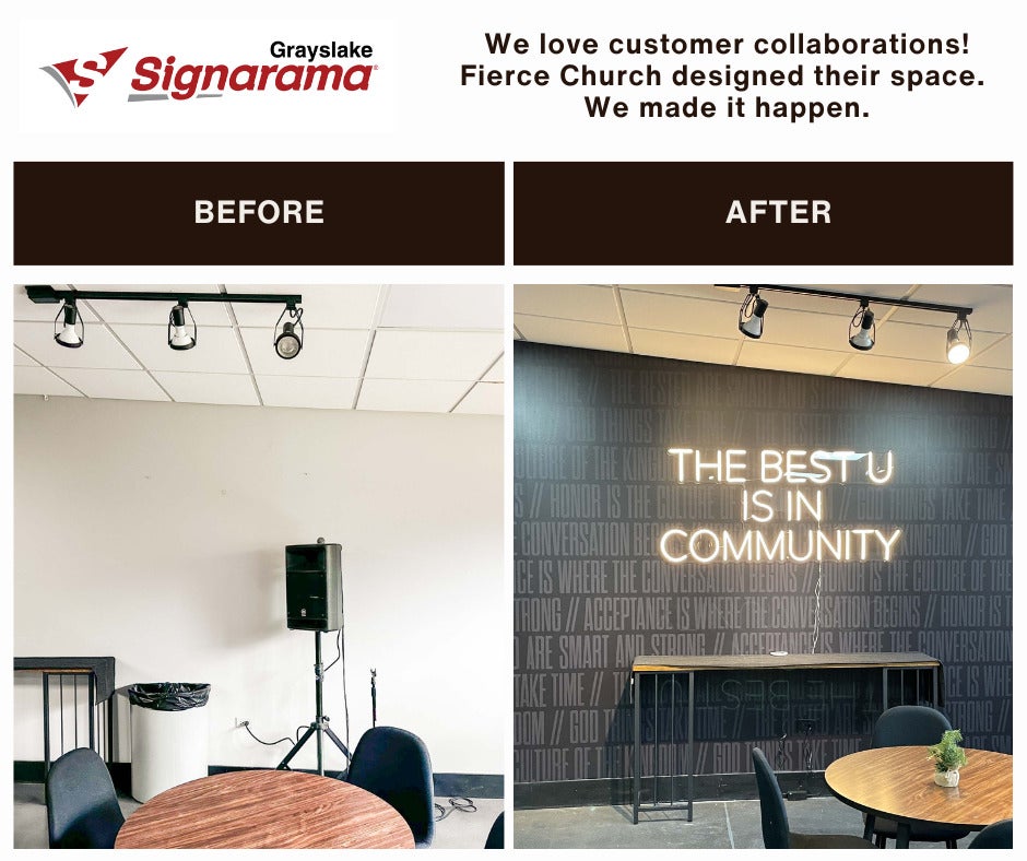 Wall graphics and LED sign for an inviting community space.