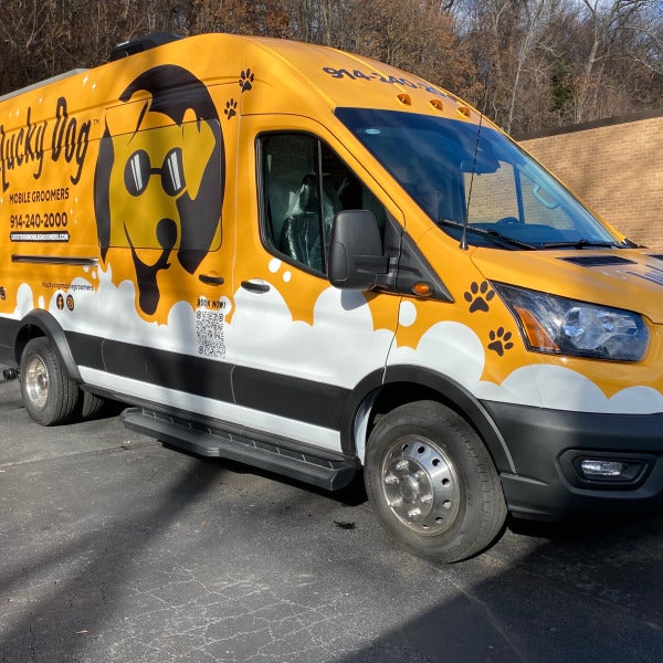Vehicle wrap for Lucky Dog Grooming in White Plains, Bronxville, Scarsdale, Hartsdale, Yonkers, New Rochelle, Mamaroneck, Rye.