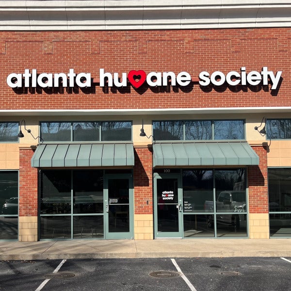 Illuminated channel letter building sign with heart graphic for Atlanta Humane Society, installed by Signarama Roswell