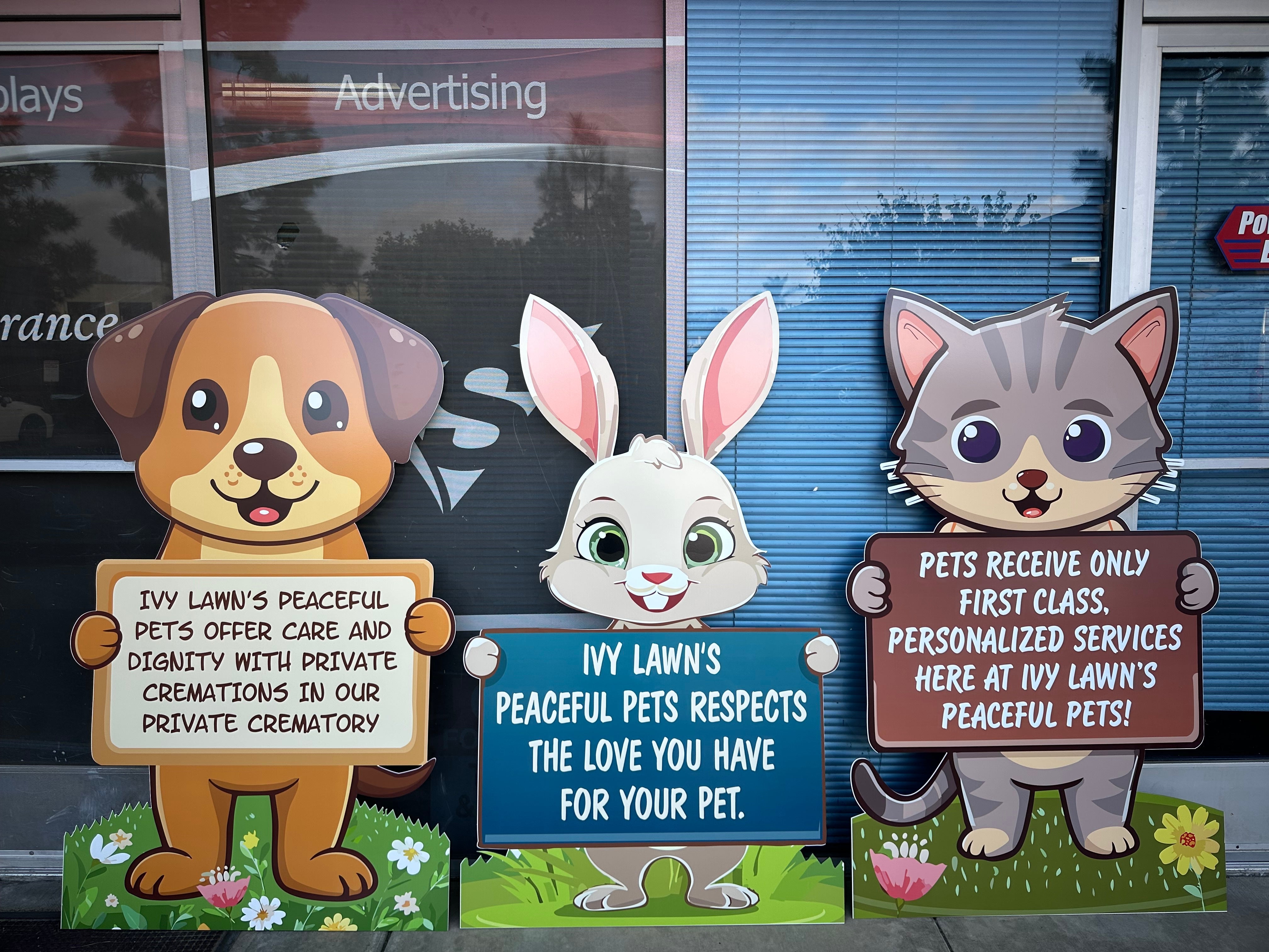 Outdoor metal sign for Ivy Lawn Pet Cemetery created by Signarama, showcasing a commemorative design for pets