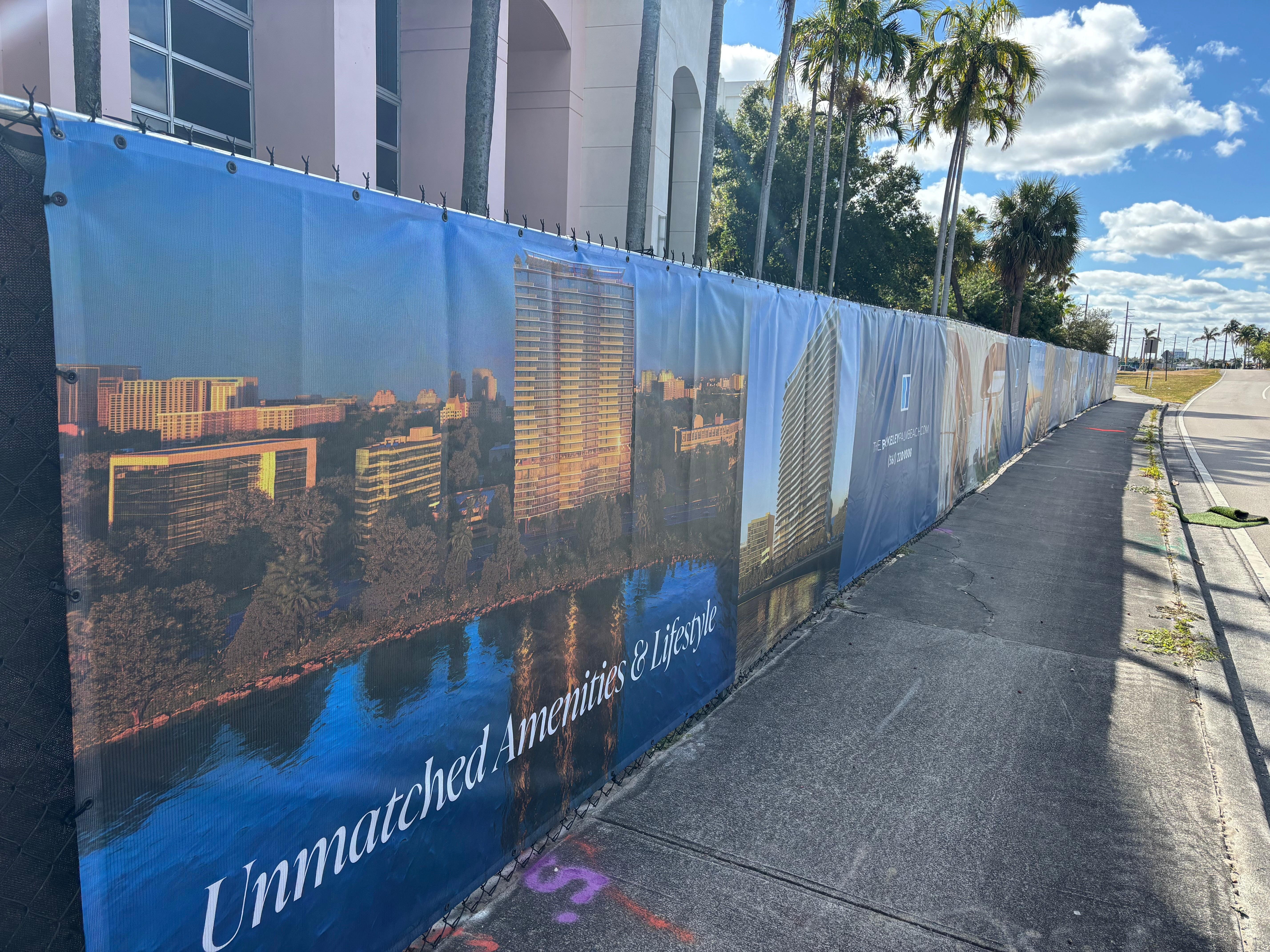 Fence Banners announce luxury condos coming soon to intercoastal waterway in West Palm Beach, FL.