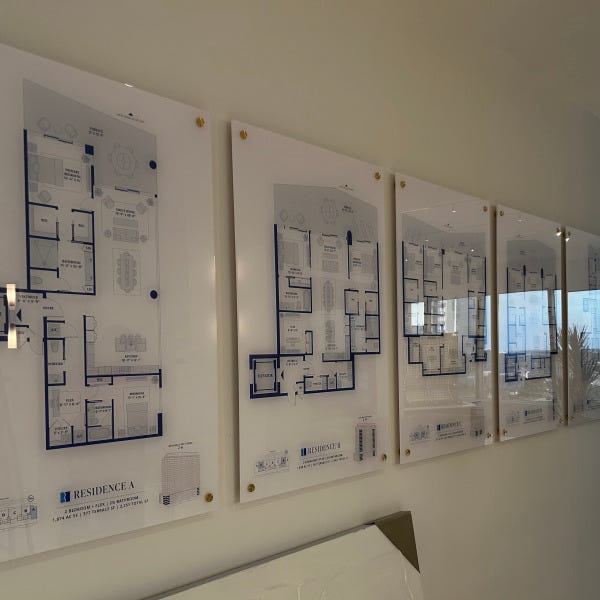The Berkeley Floor Plans on Acrylic Signs for selling high rise condos in West Palm Beach, FL.