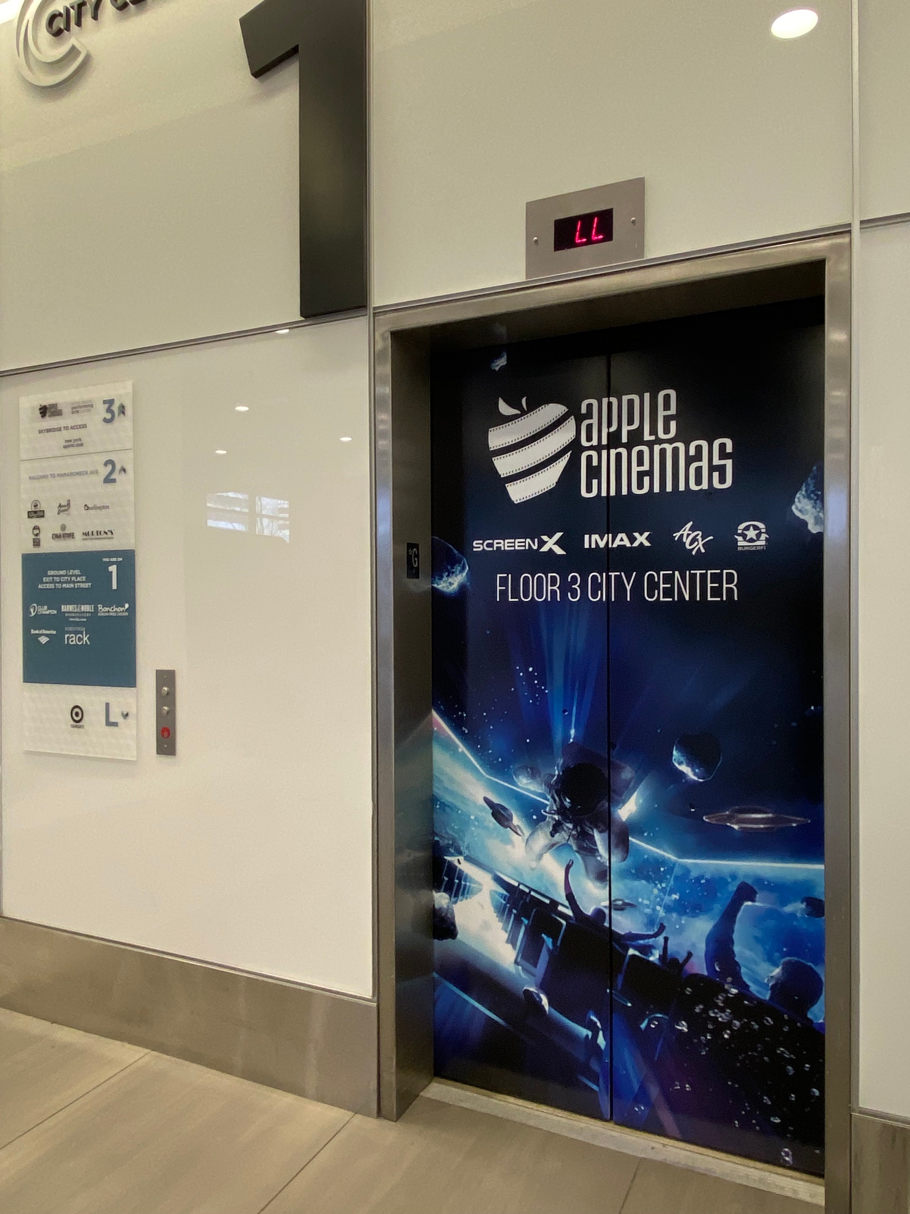 door graphics, movie theater, mall, Apple Cinema, White Plains