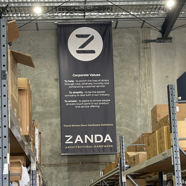 Ceiling hung wall banner sign for Zanda in Yatala by Signarama Brendale