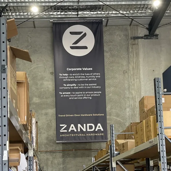 Ceiling hung wall banner sign for Zanda in Yatala by Signarama Brendale