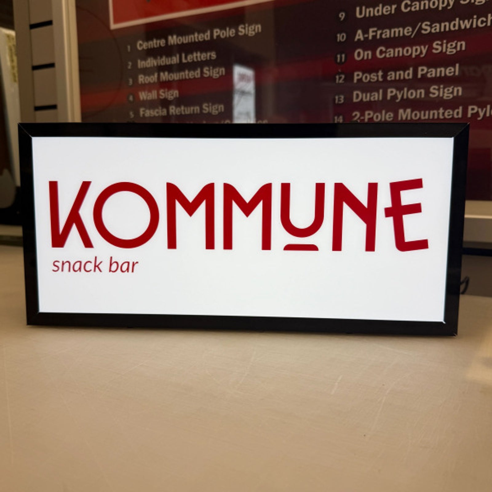 Illuminated Mini Cabinet with Red Vinyl Applied for Kommune Snack Bar in Edmonton, AB