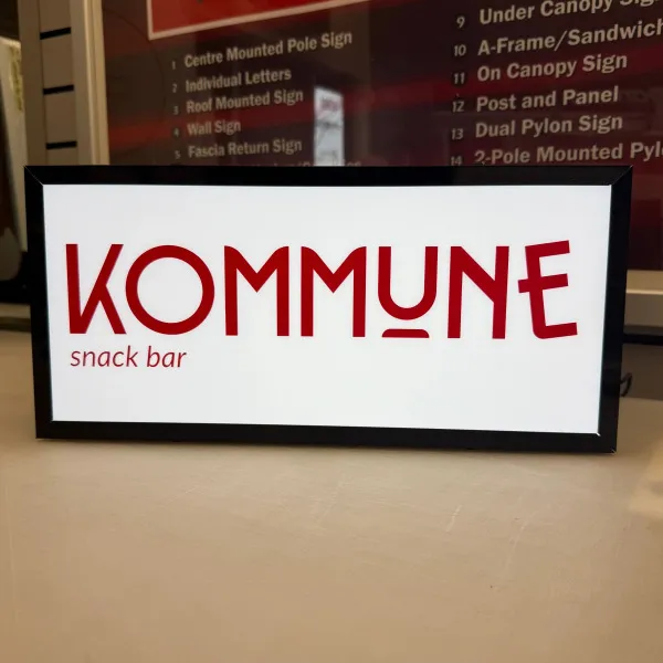 Illuminated Mini Cabinet with Red Vinyl Applied for Kommune Snack Bar in Edmonton, AB
