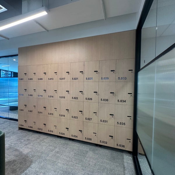 Numbered vinyl wayfinding graphics applied to face of locker doors by Signarama Brendale.