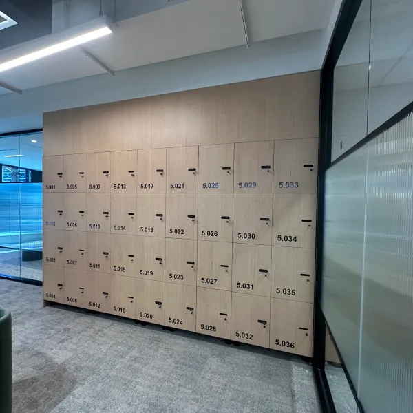 Numbered vinyl wayfinding graphics applied to face of locker doors by Signarama Brendale.