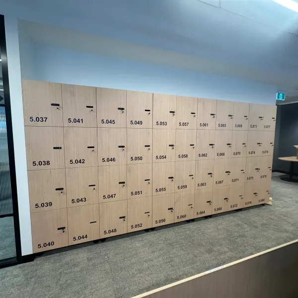 Numbered vinyl wayfinding graphics applied to face of locker doors by Signarama Brendale.