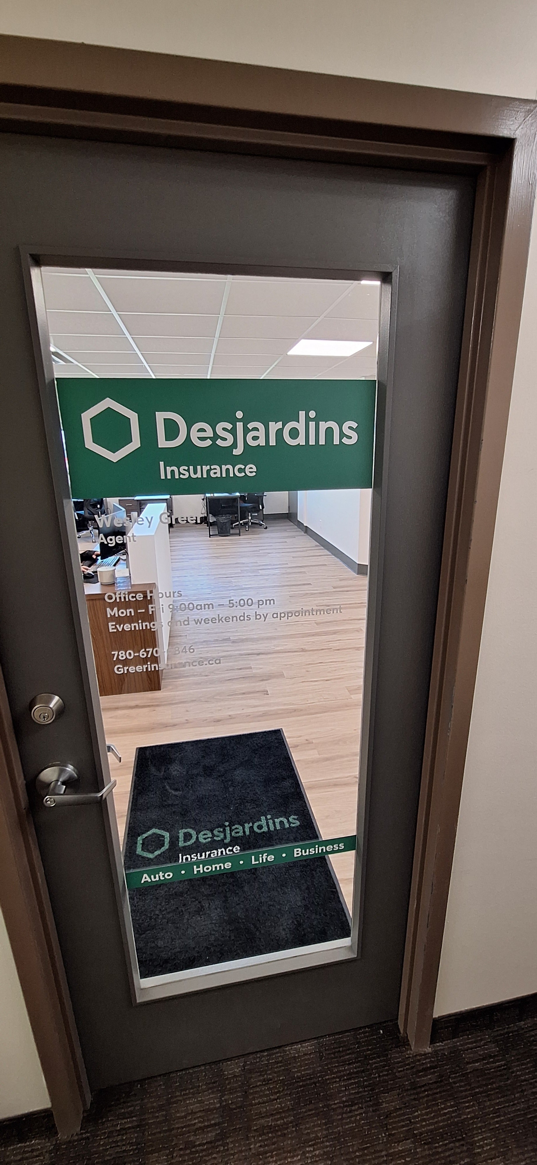Door Graphics & Wayfinding Signage for Greer Financial & Insurance Services (Desjardins) in Edmonton, AB