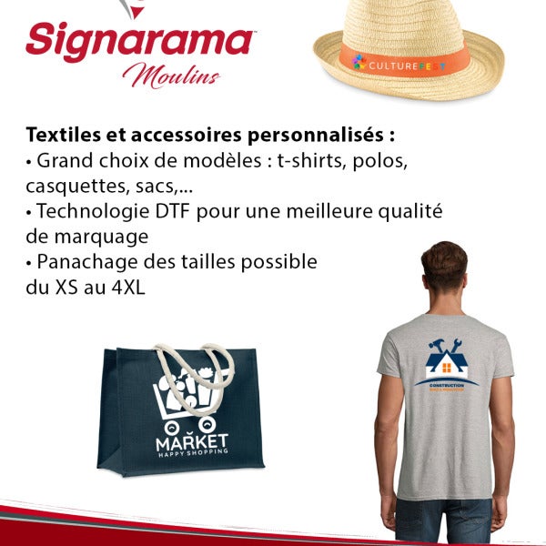 Personnalisez vos textiles et accessoires avec style et qualité chez Signarama Moulins !