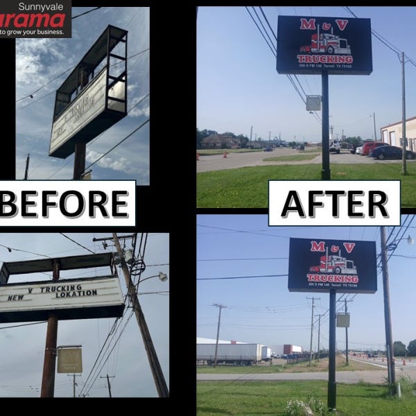 M&V Trucking Pole Sign Before and After
