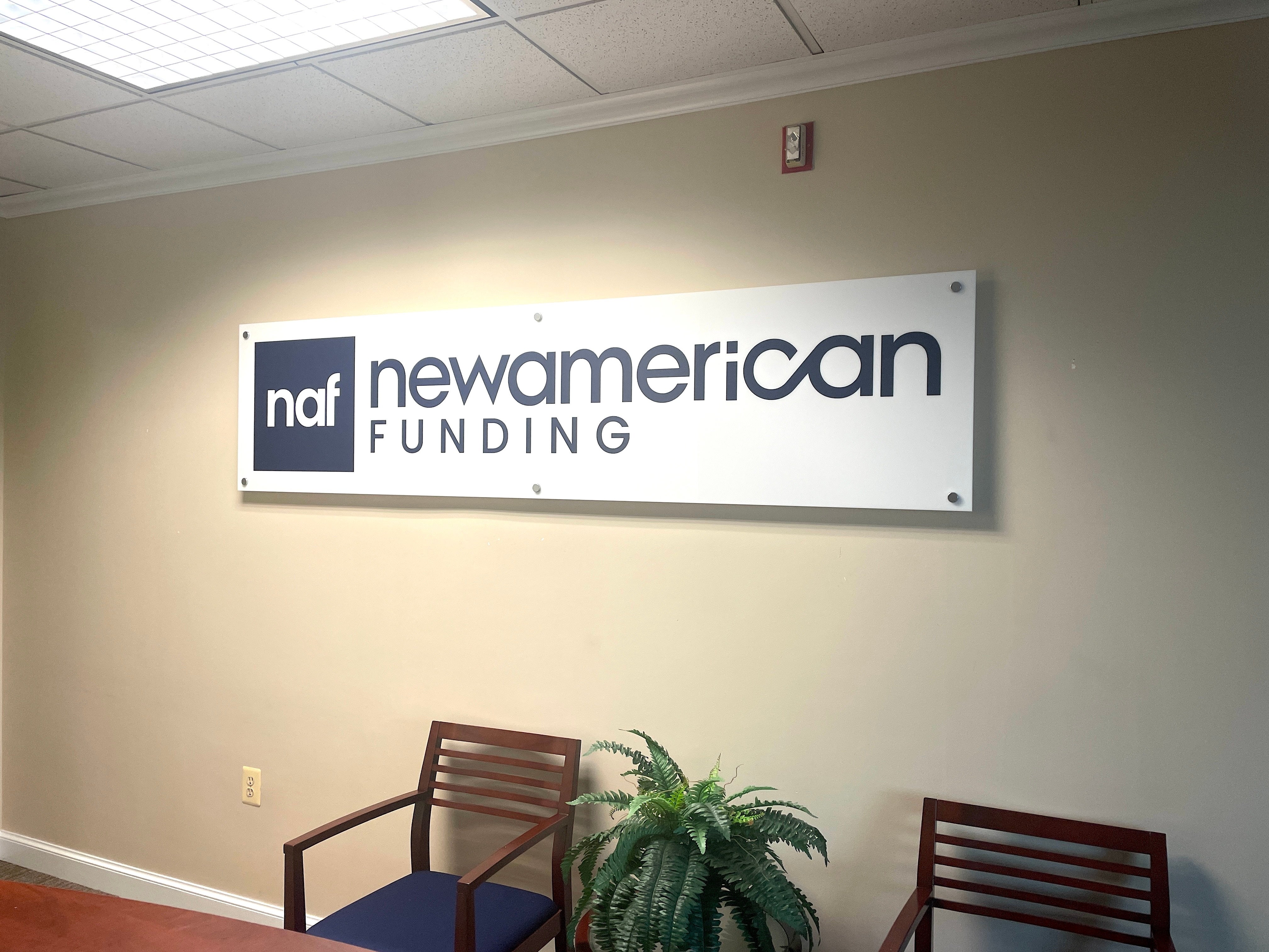 New American Funding- Half Inch Acrylic with Vinyl Graphics, Installed with Chrome Standoffs