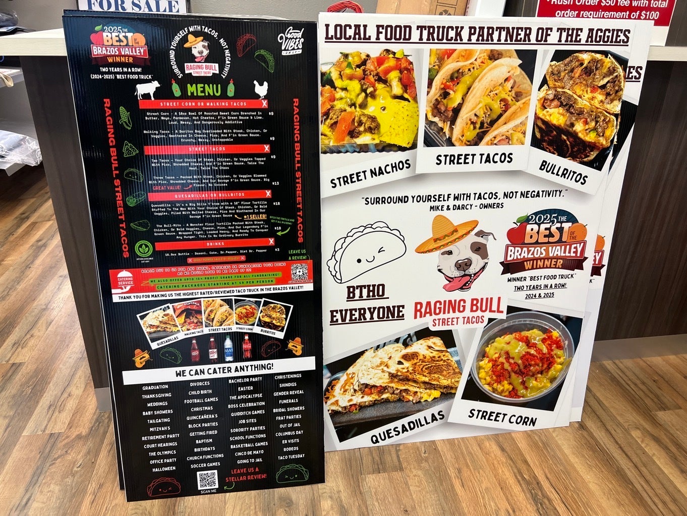 Raging Bulls Street Tacos A frame signs