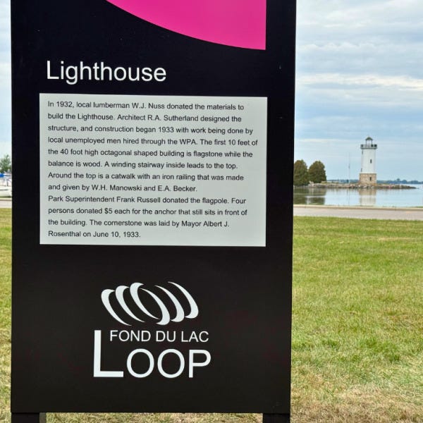 Close up of the Loop Lighthouse Storyboard with the lighthouse in the background