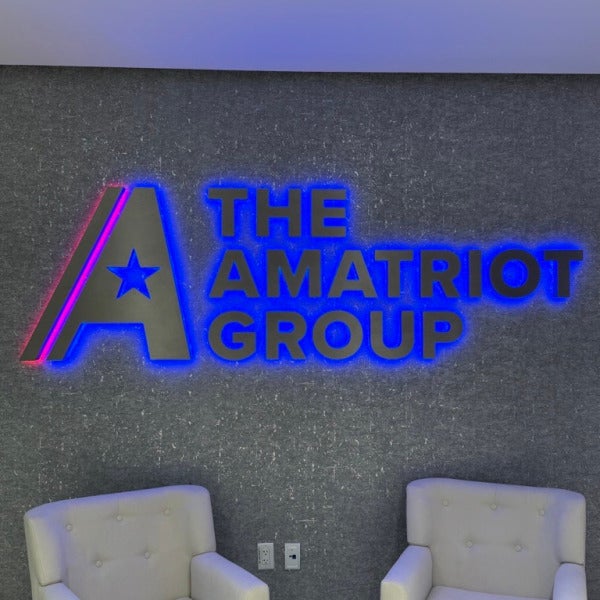 Stainless Steel Lit Lobby Sign & Conference Room Logo Signs for Amatriot Group in Vienna VA