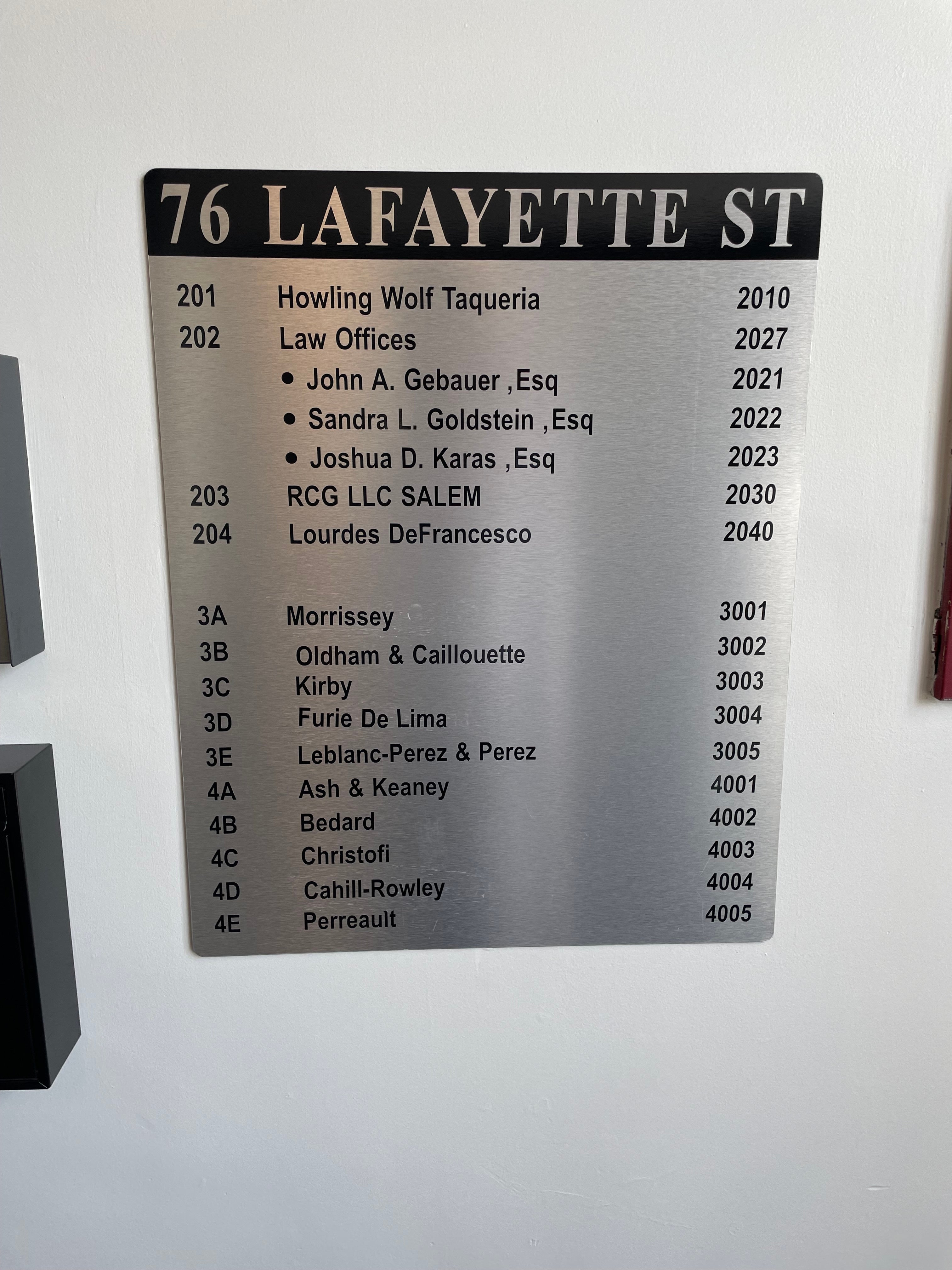 Professional Directory Sign for 76 Lafayette Street