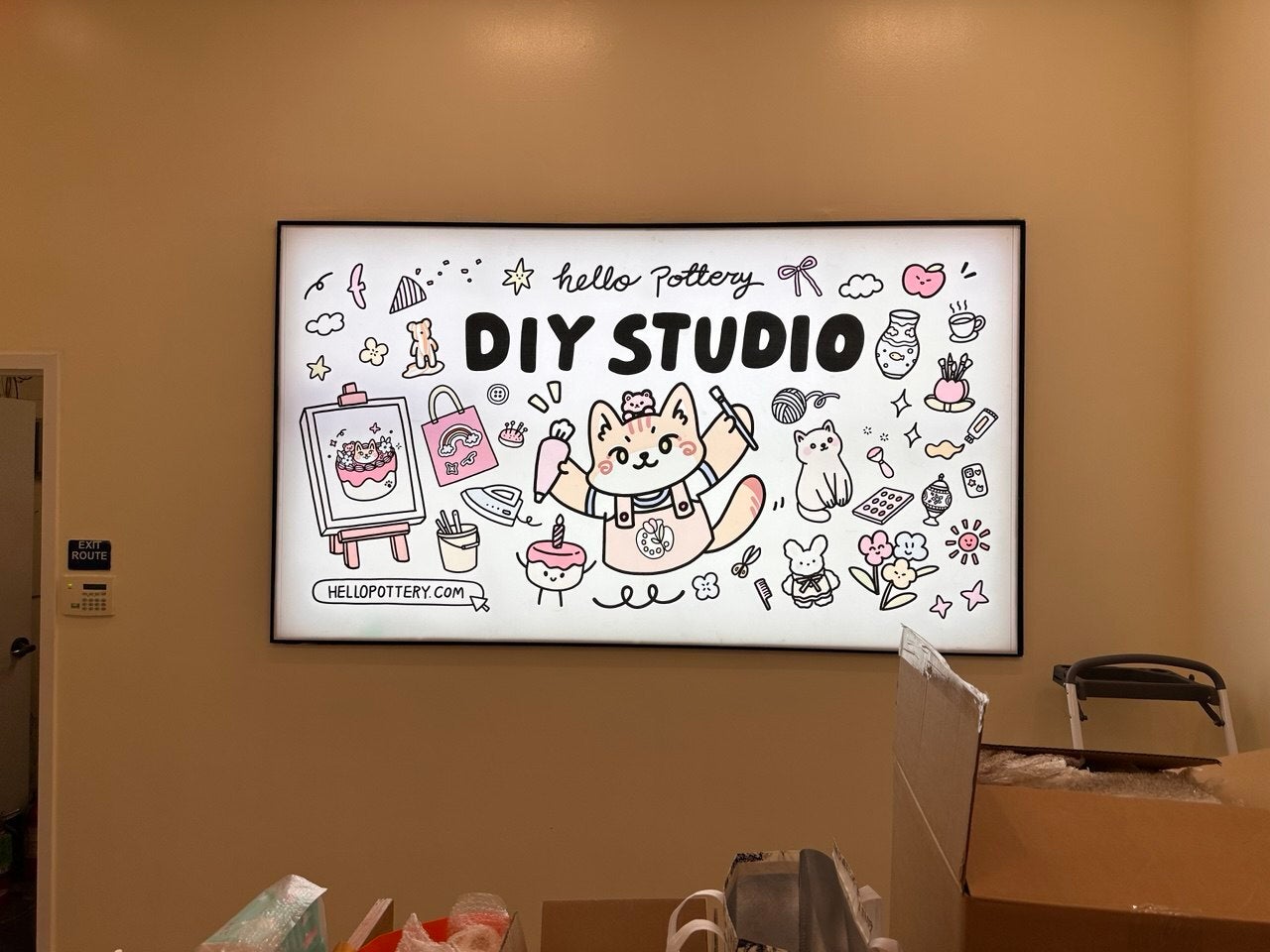 Signarama – Costa Mesa produced a custom backlit fabric lightbox sign for Hello Pottery DIY Studio. Bright, colorful interior branding with energy-efficient LED illumination