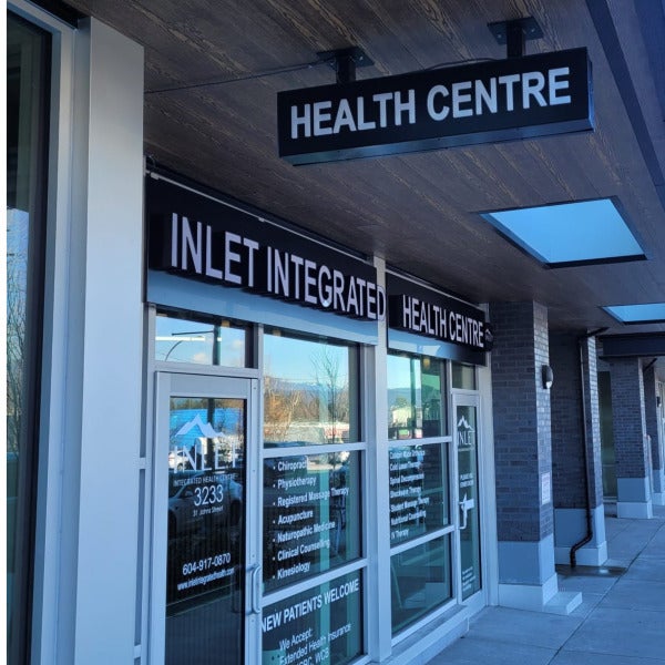 Storefront Sign Project for “Inlet Integrated Health” at Port Moody, BC.