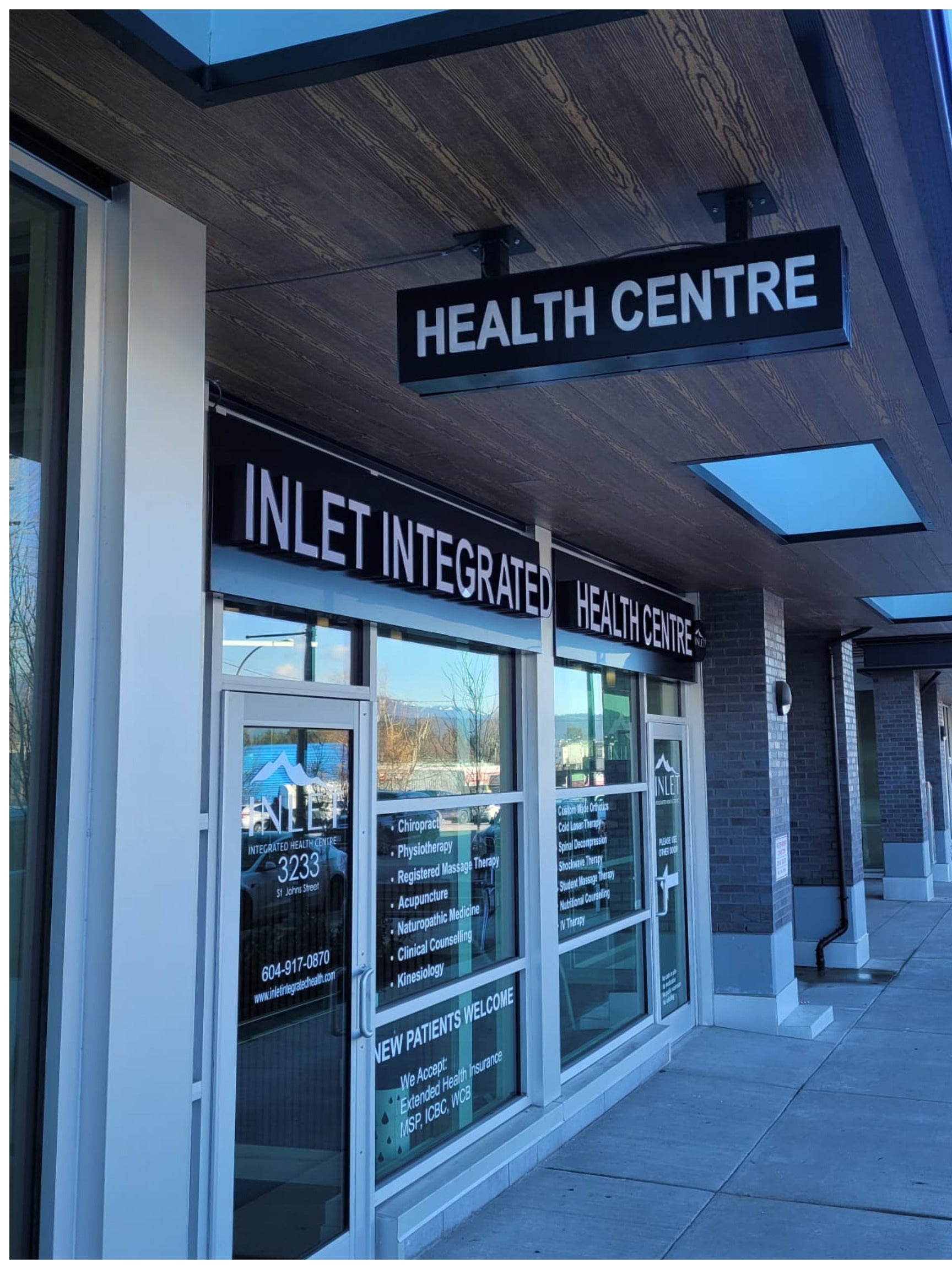 Storefront Sign Project for “Inlet Integrated Health” at Port Moody, BC.