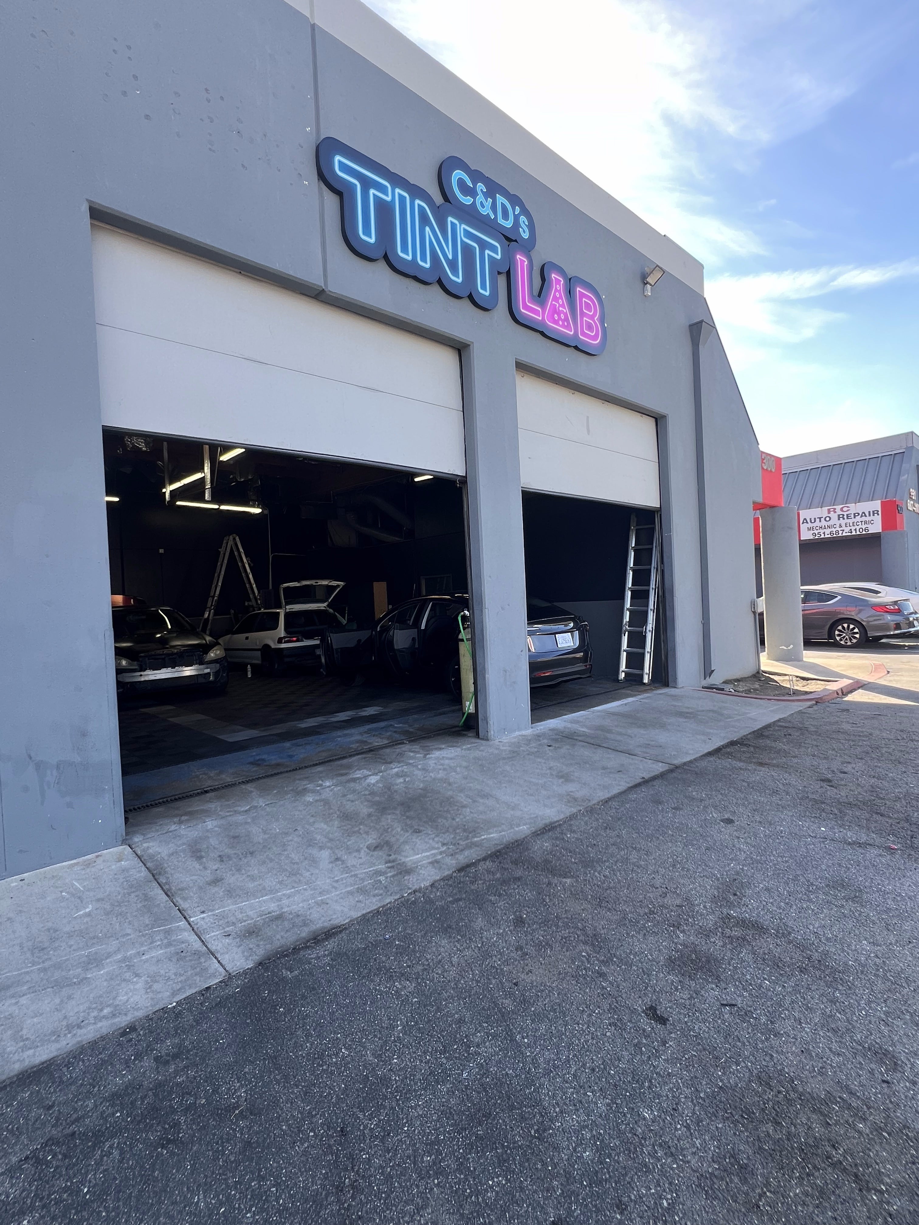 Custom Non-Illuminated Building Sign for C&D’s Tint Lab in Riverside