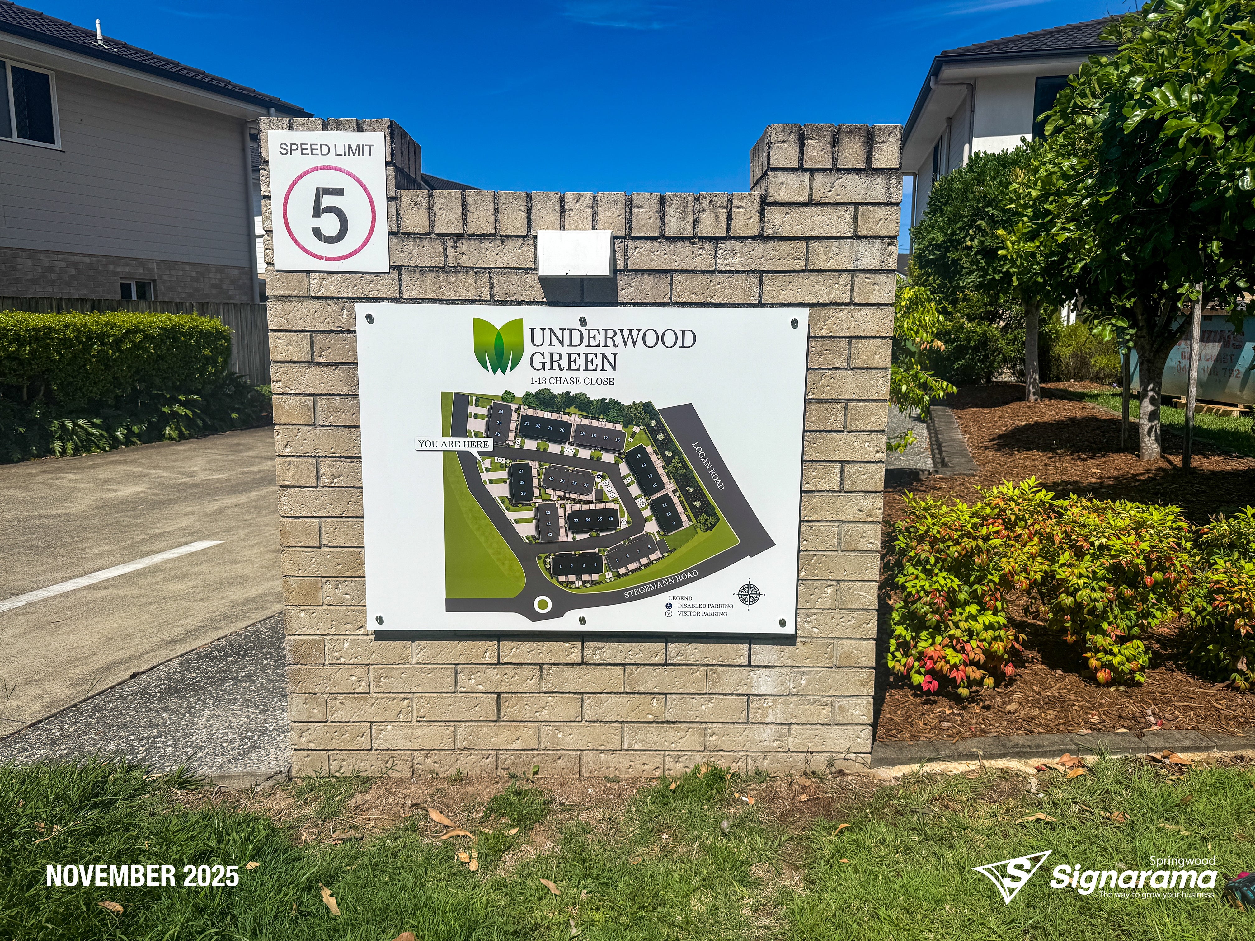 Front entry ACM signs created and installed by Signarama Springwood for Underwood Green, featuring modern, durable panels with high-quality graphics