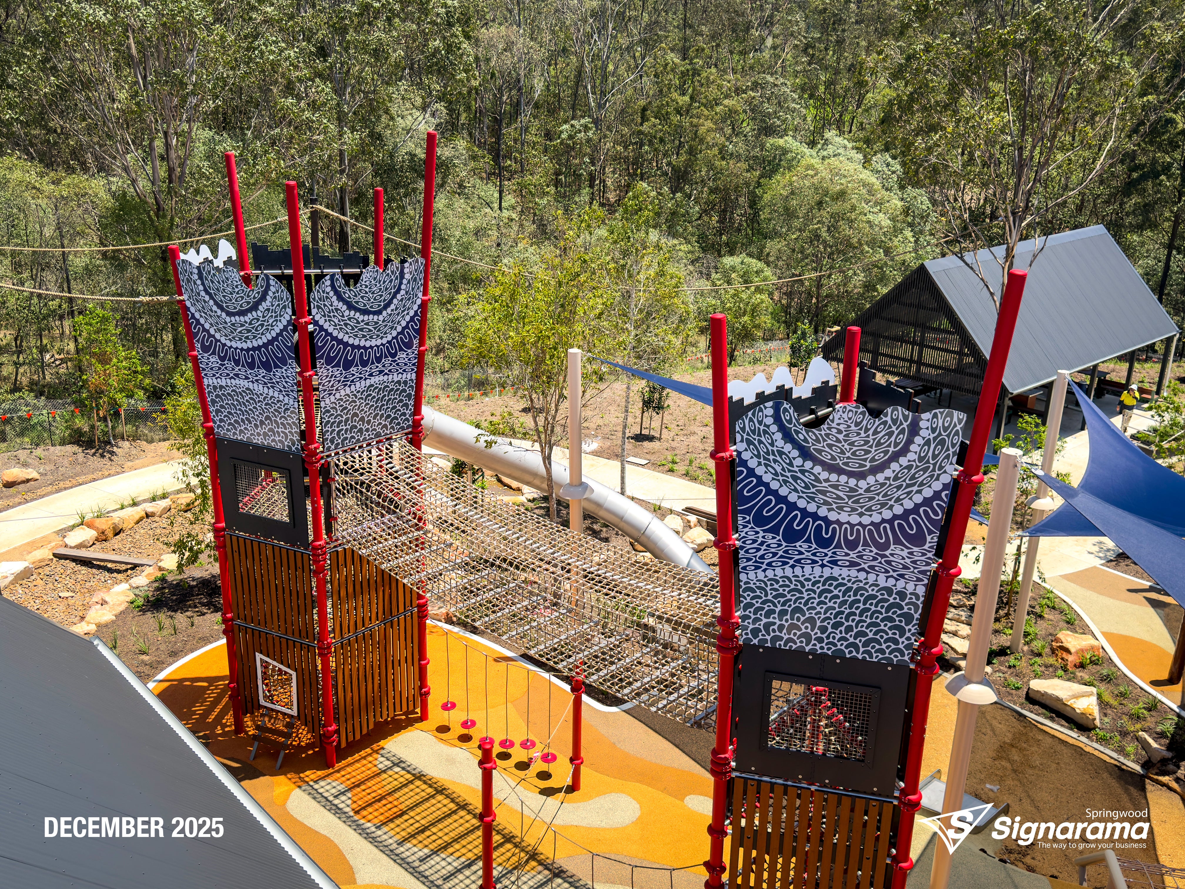 Colourful playground ACM panels created by Signarama Springwood for Playrope, featuring durable, high-quality graphics for play equipment.