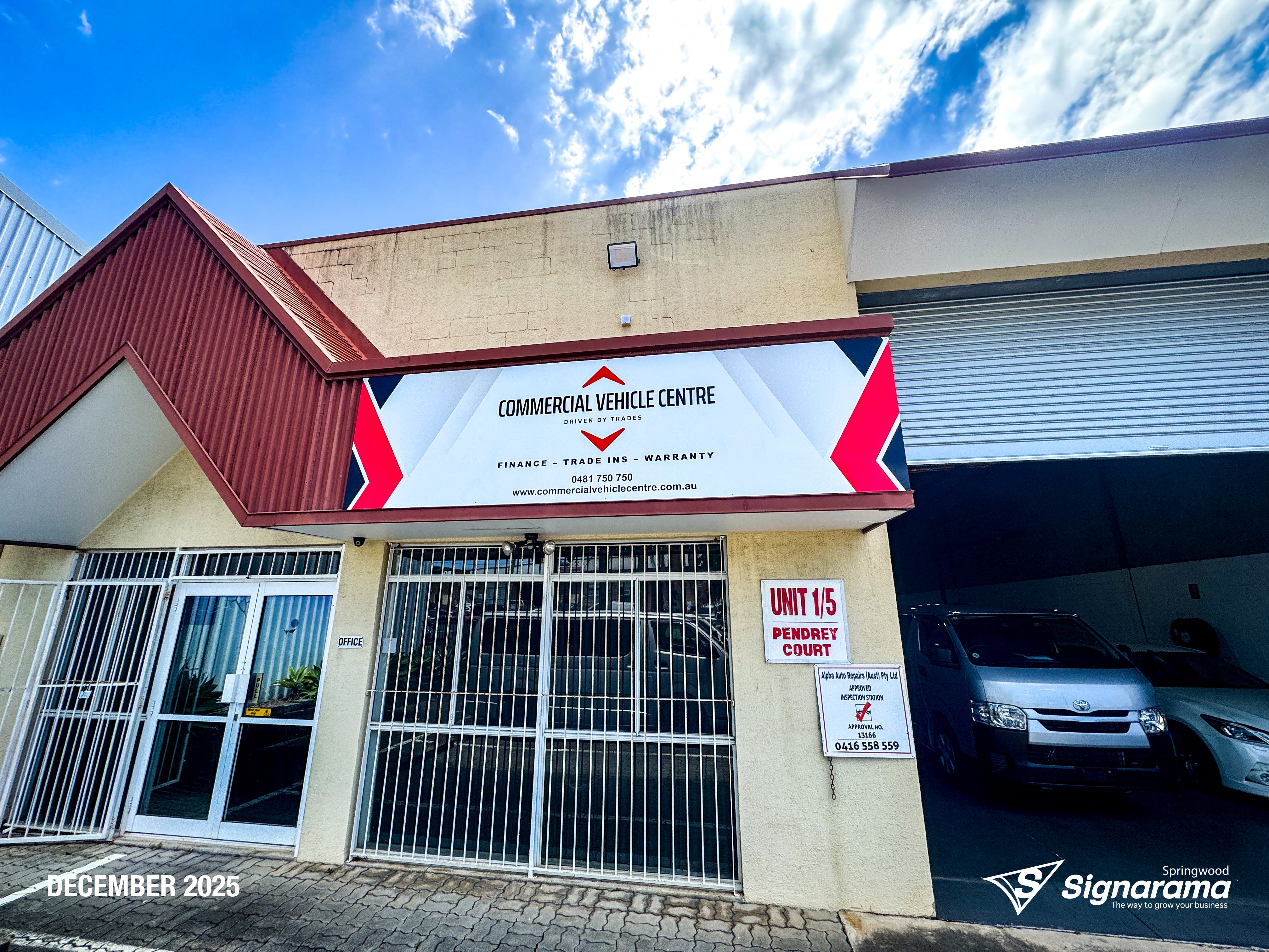 Signarama Springwood ACM shopfront signage for Commercial Vehicle Centre featuring durable panels and professional business branding.