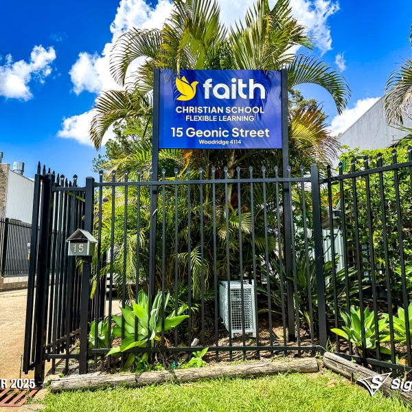 Signarama Springwood ACM signage for Faith Flexible Learning including folded ACM box sign, post and panel with ACM panel, and standalone ACM panel.