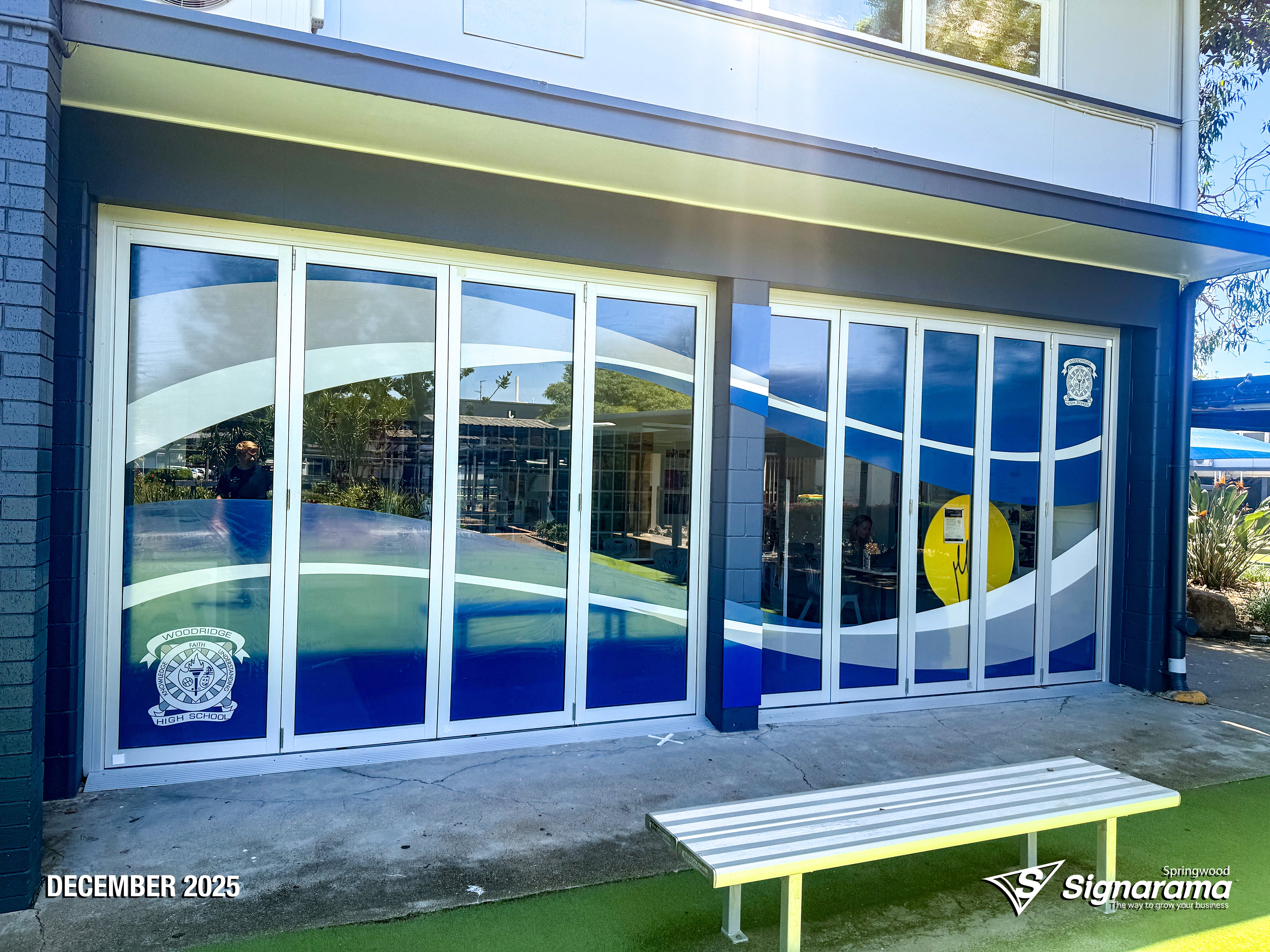Signarama Springwood school signage with ACM panels, sailtrack banner, and window graphics for Woodridge State High School campus branding