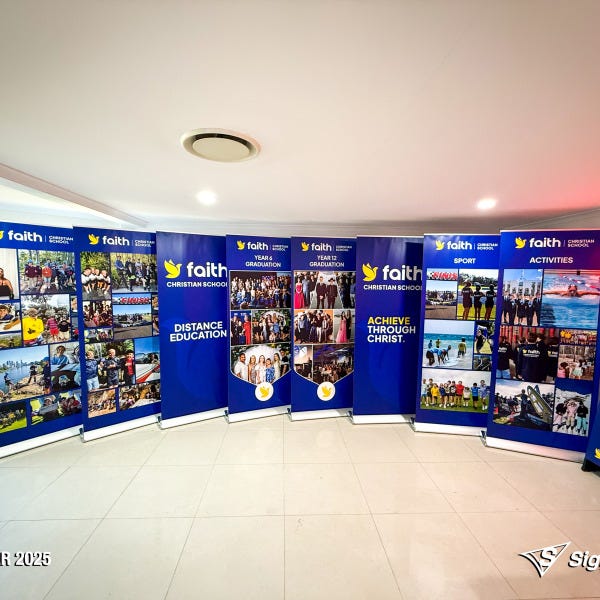 Signarama Springwood A-frames, pull-up banners and teardrop flags designed and produced for Faith Christian School promotional signage.