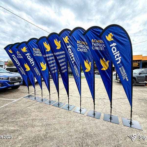 Signarama Springwood A-frames, pull-up banners and teardrop flags designed and produced for Faith Christian School promotional signage.