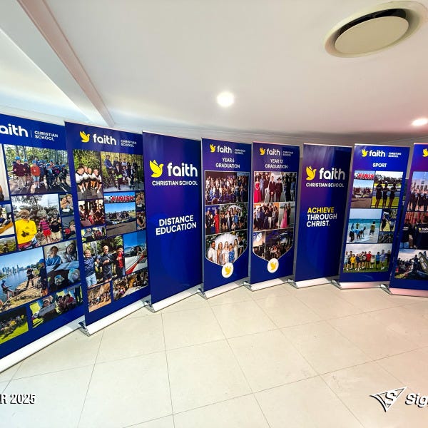 Signarama Springwood A-frames, pull-up banners and teardrop flags designed and produced for Faith Christian School promotional signage.