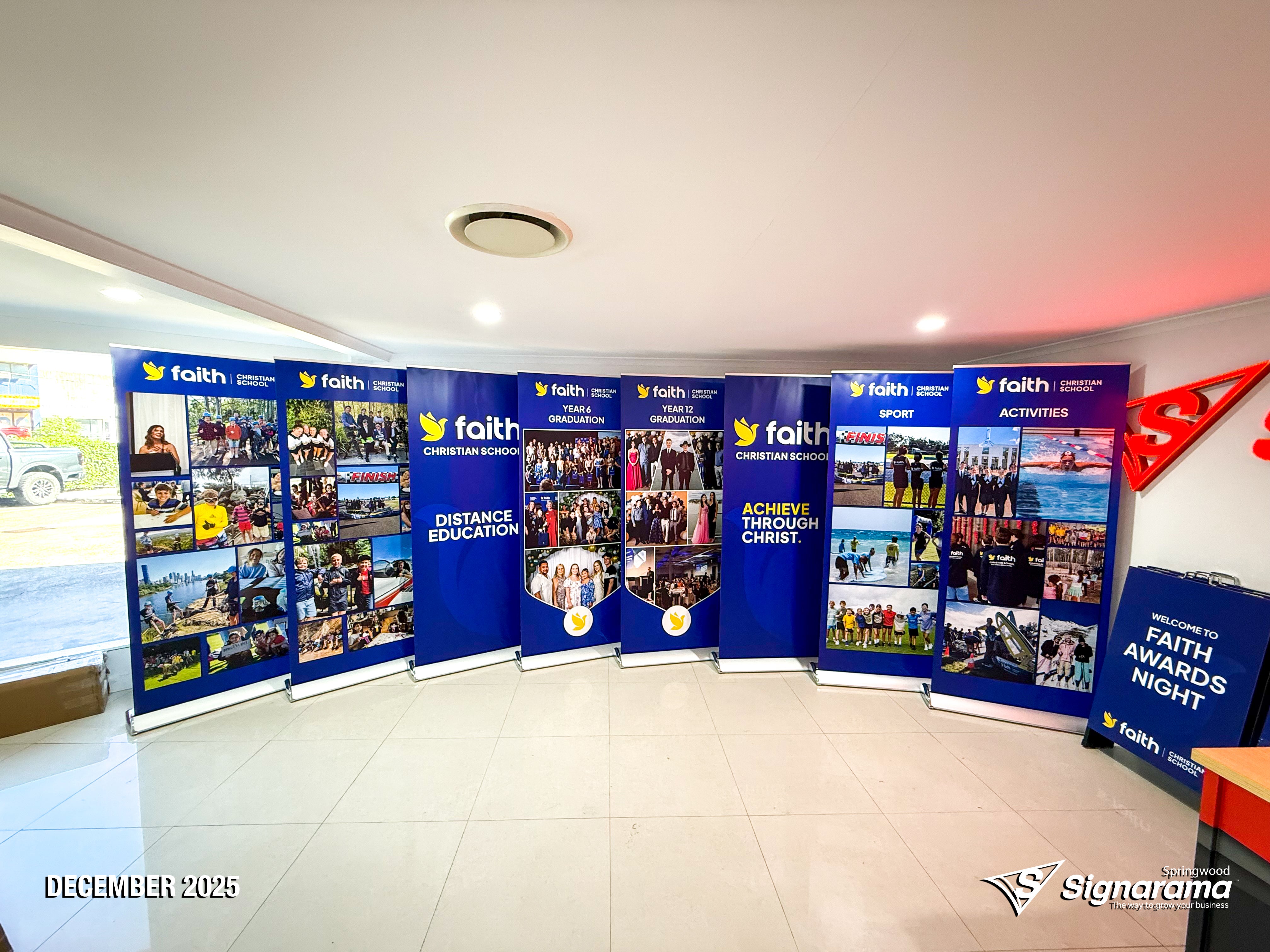 Signarama Springwood A-frames, pull-up banners and teardrop flags designed and produced for Faith Christian School promotional signage.