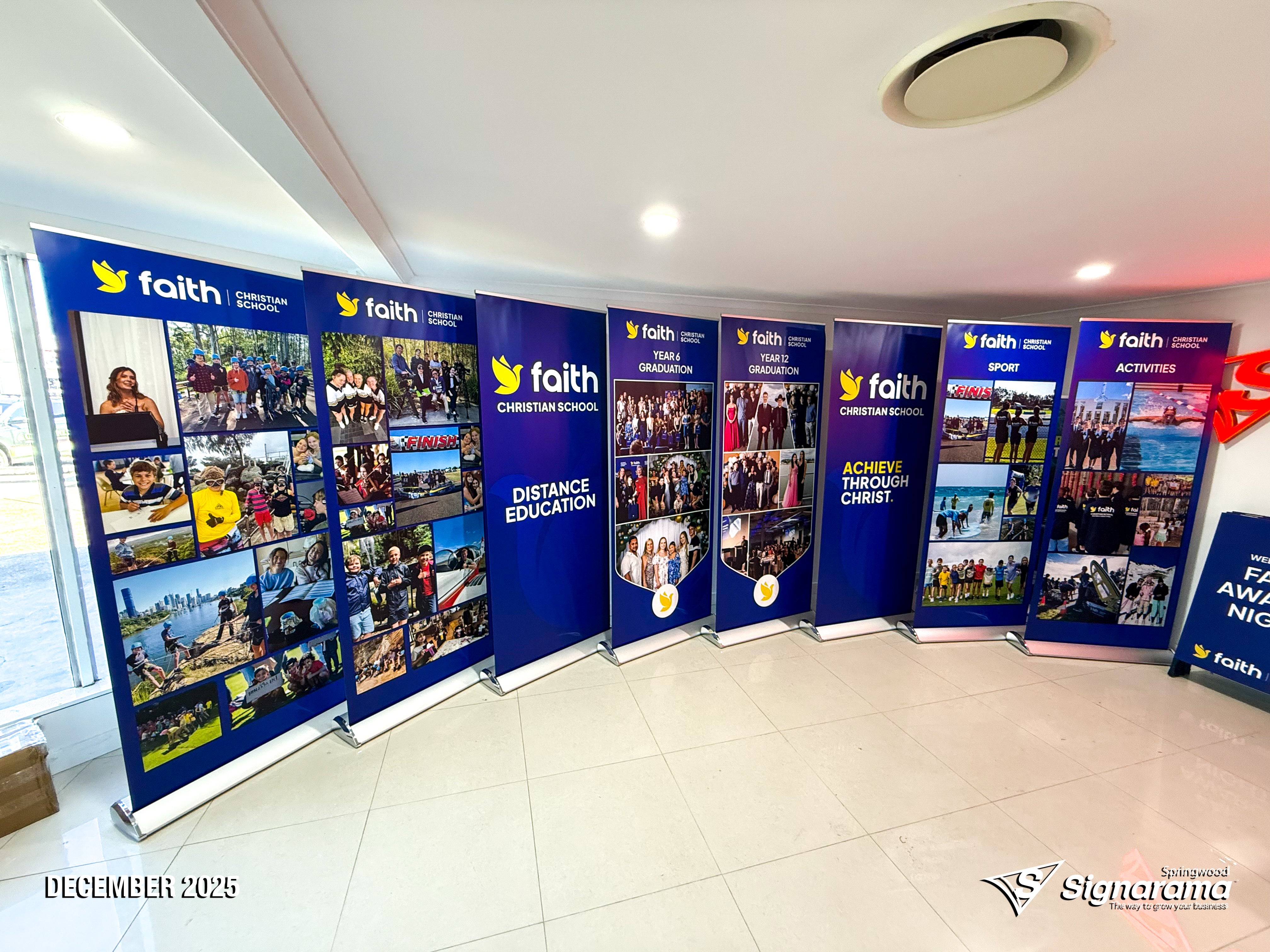 Signarama Springwood A-frames, pull-up banners and teardrop flags designed and produced for Faith Christian School promotional signage.