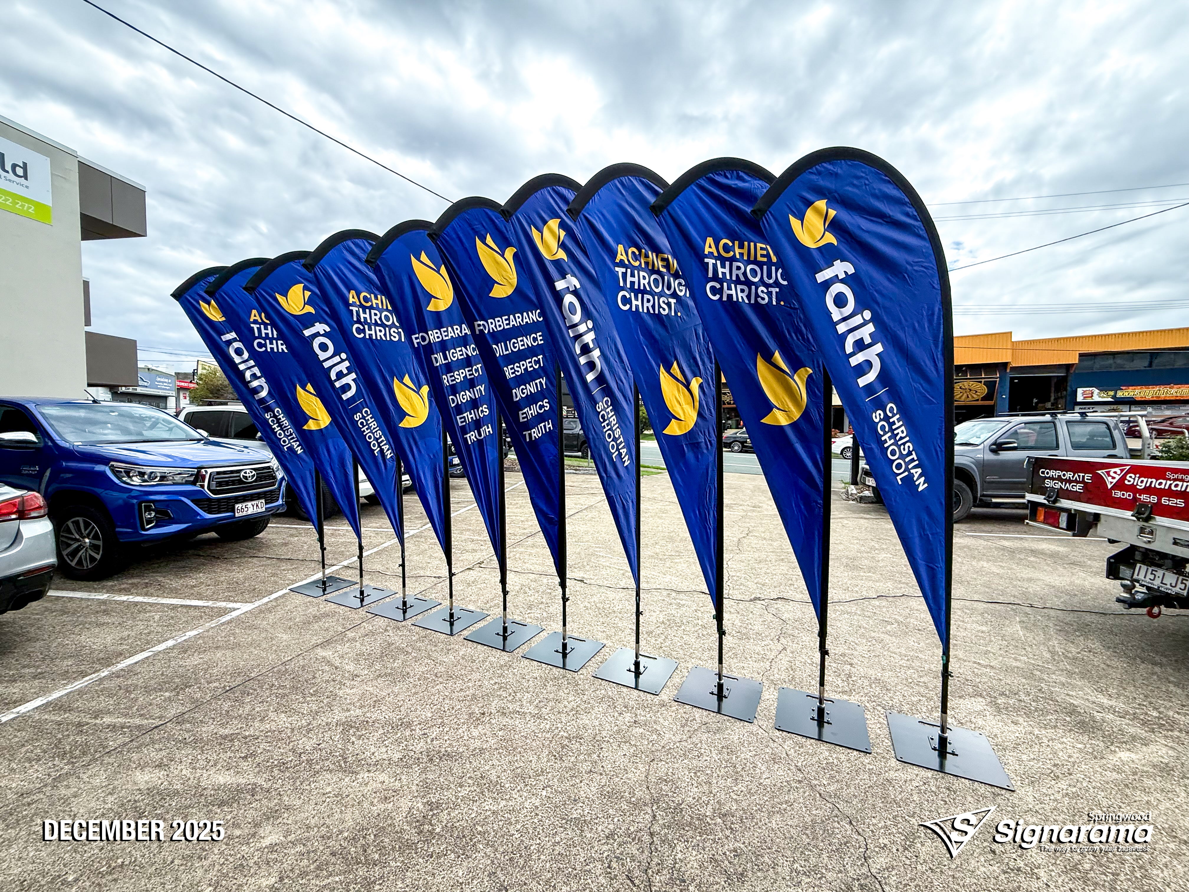 Signarama Springwood A-frames, pull-up banners and teardrop flags designed and produced for Faith Christian School promotional signage.
