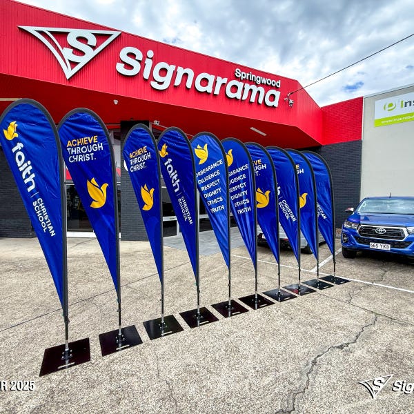 Signarama Springwood A-frames, pull-up banners and teardrop flags designed and produced for Faith Christian School promotional signage.