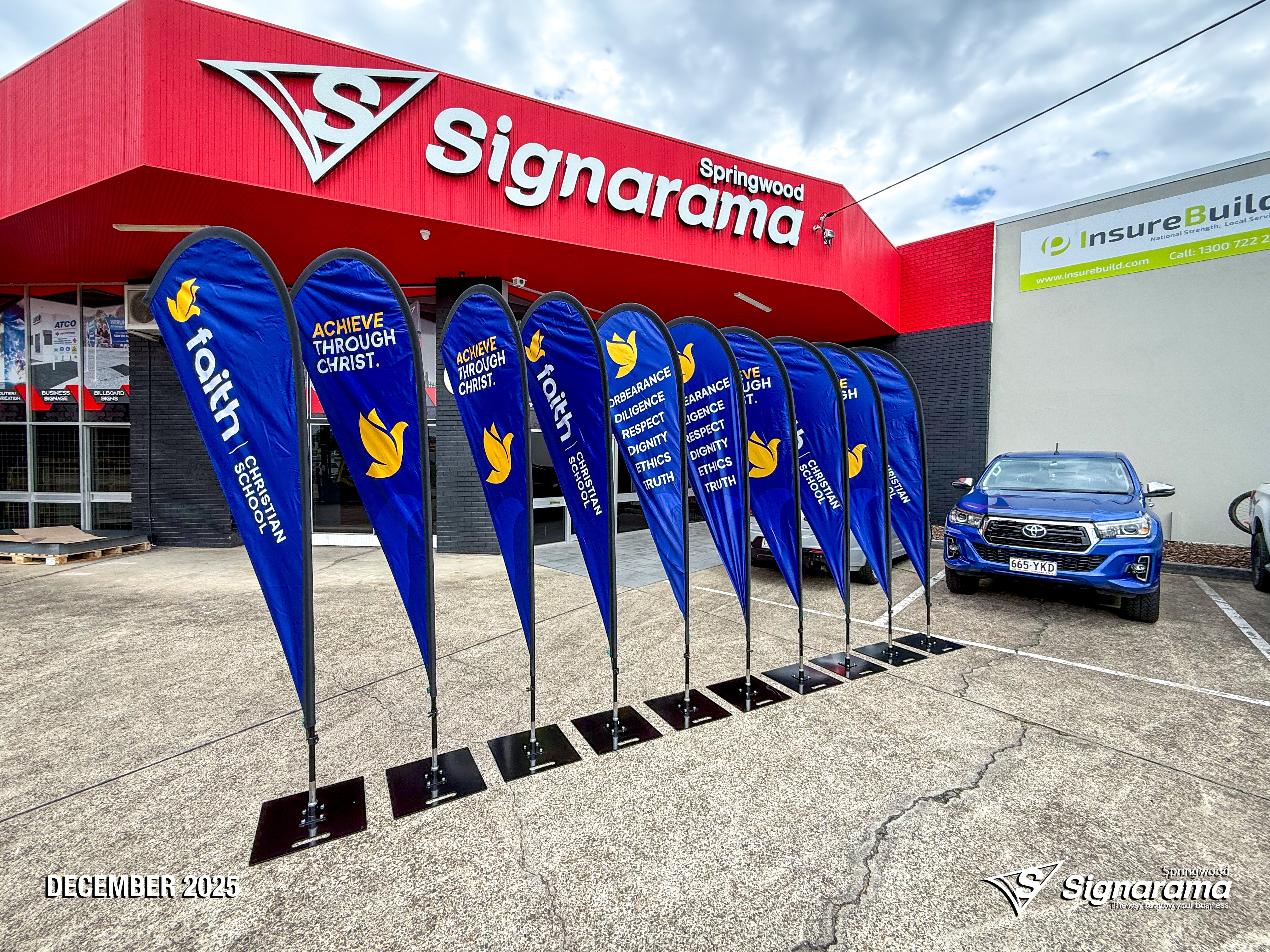 Signarama Springwood A-frames, pull-up banners and teardrop flags designed and produced for Faith Christian School promotional signage.