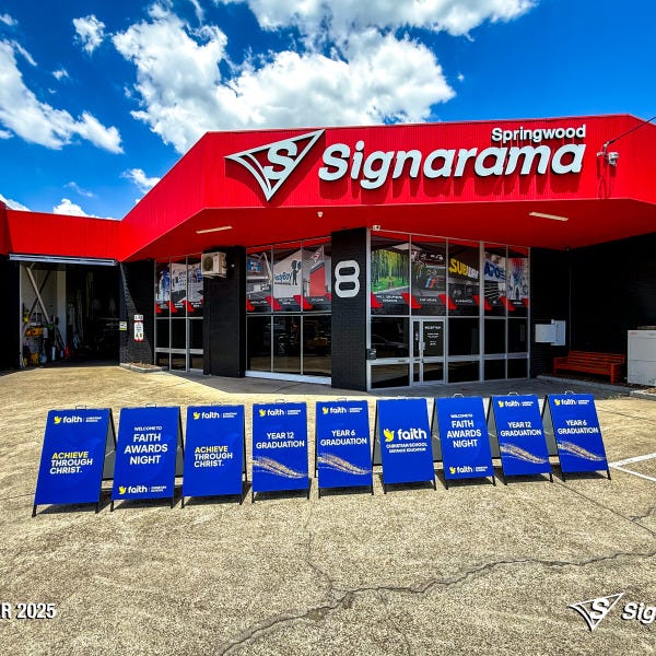 Signarama Springwood A-frames, pull-up banners and teardrop flags designed and produced for Faith Christian School promotional signage.