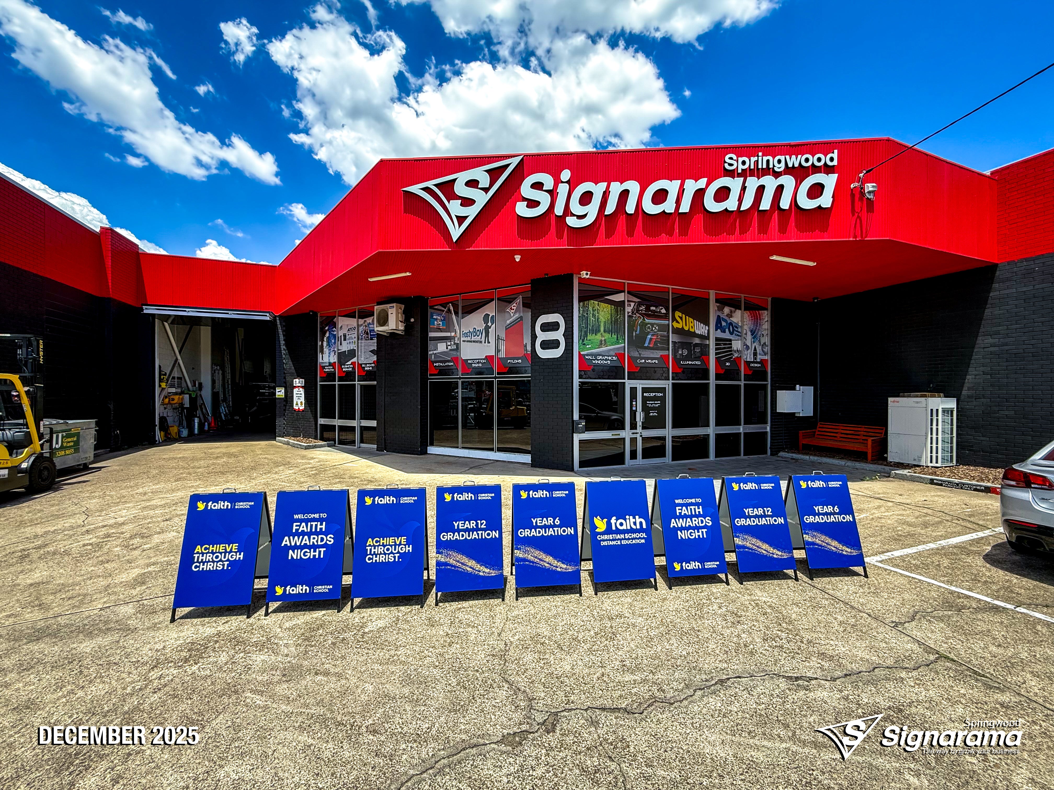Signarama Springwood A-frames, pull-up banners and teardrop flags designed and produced for Faith Christian School promotional signage.