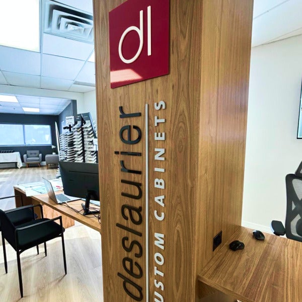 Elegant and On Time — Custom 3D Sign Installed on Wood for Deslaurier Custom Cabinet