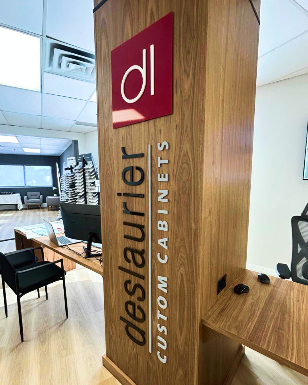 Elegant and On Time — Custom 3D Sign Installed on Wood for Deslaurier Custom Cabinet