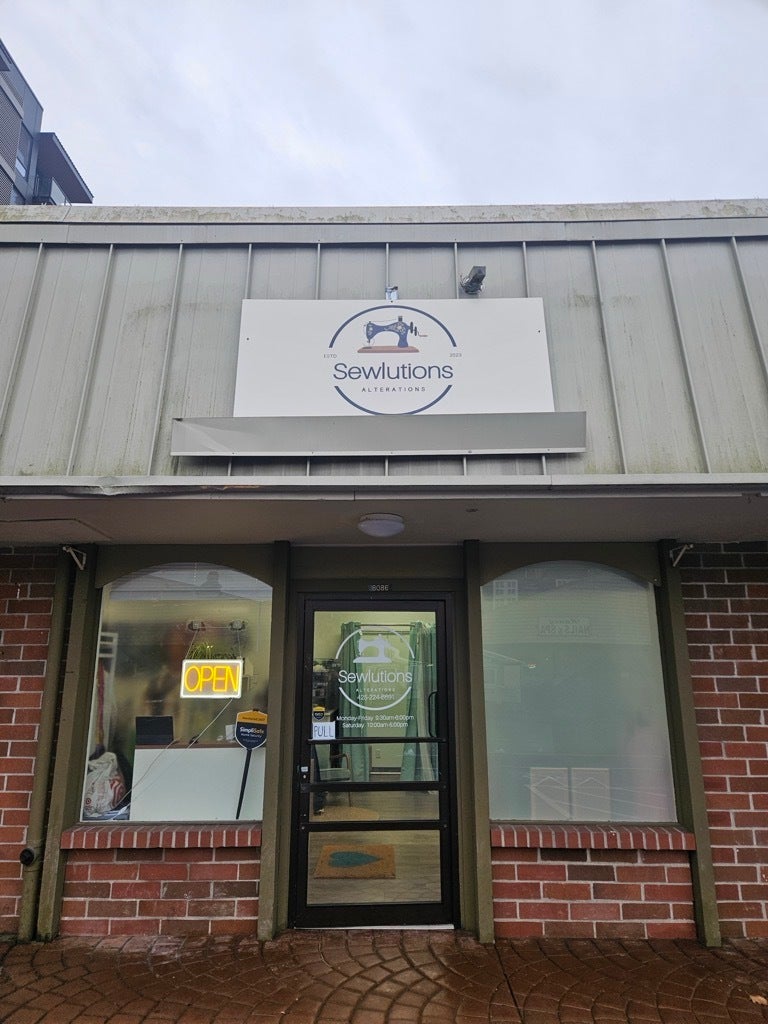 Fresh Storefront Signs for new small business - Sewlutions Alterations - Redmond, WA