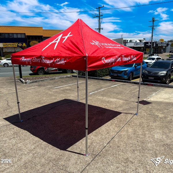 Branded marquee designed and produced by Signarama Springwood for Mathnasium, featuring custom printed event tent used for outdoor promotions, school events and pop-up marketing.