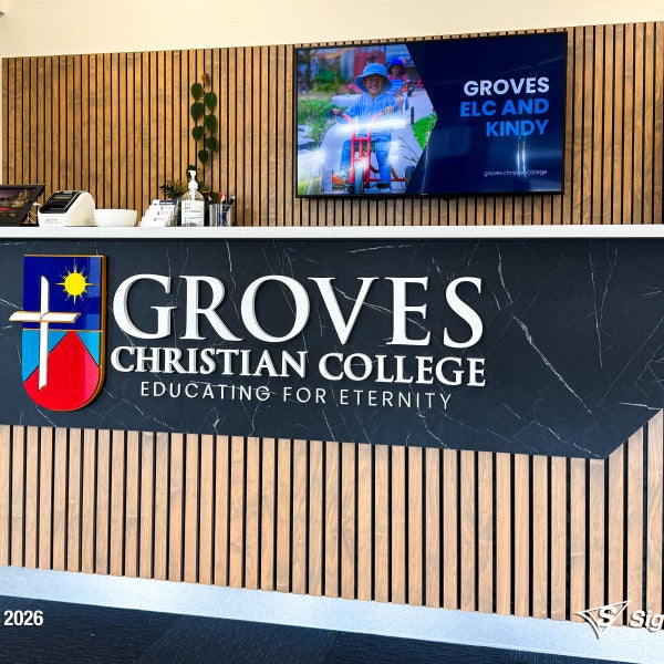 3D acrylic reception desk logo created by Signarama for Groves Christian College.