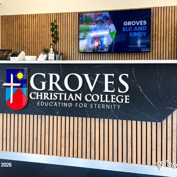 3D acrylic reception desk logo created by Signarama for Groves Christian College.